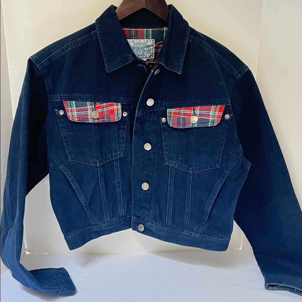 Jordache VINTAGE Blue Denim Jacket with Red Plaid Lining